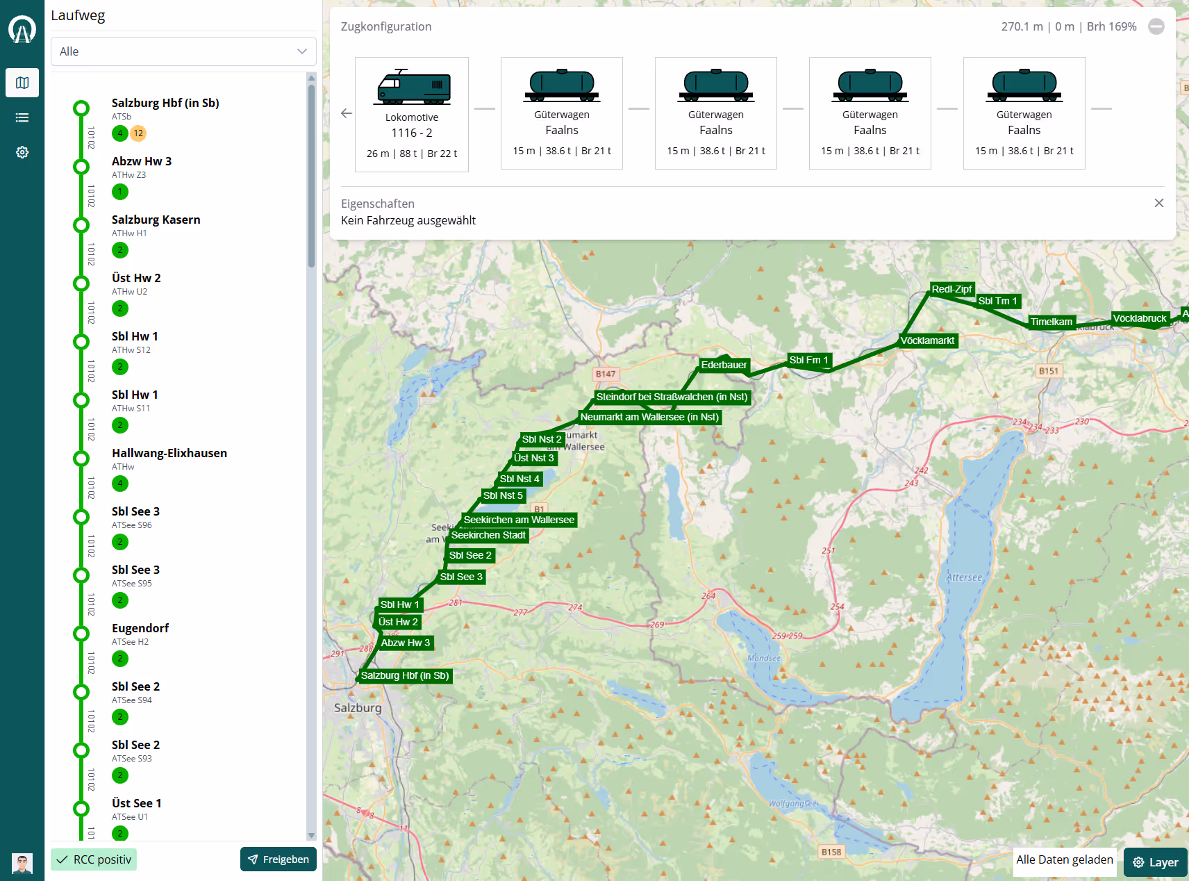 Routero Software-Oberfläche mit Routenkompatibilitätsprüfungen für verschiedene Schienenfahrzeuge